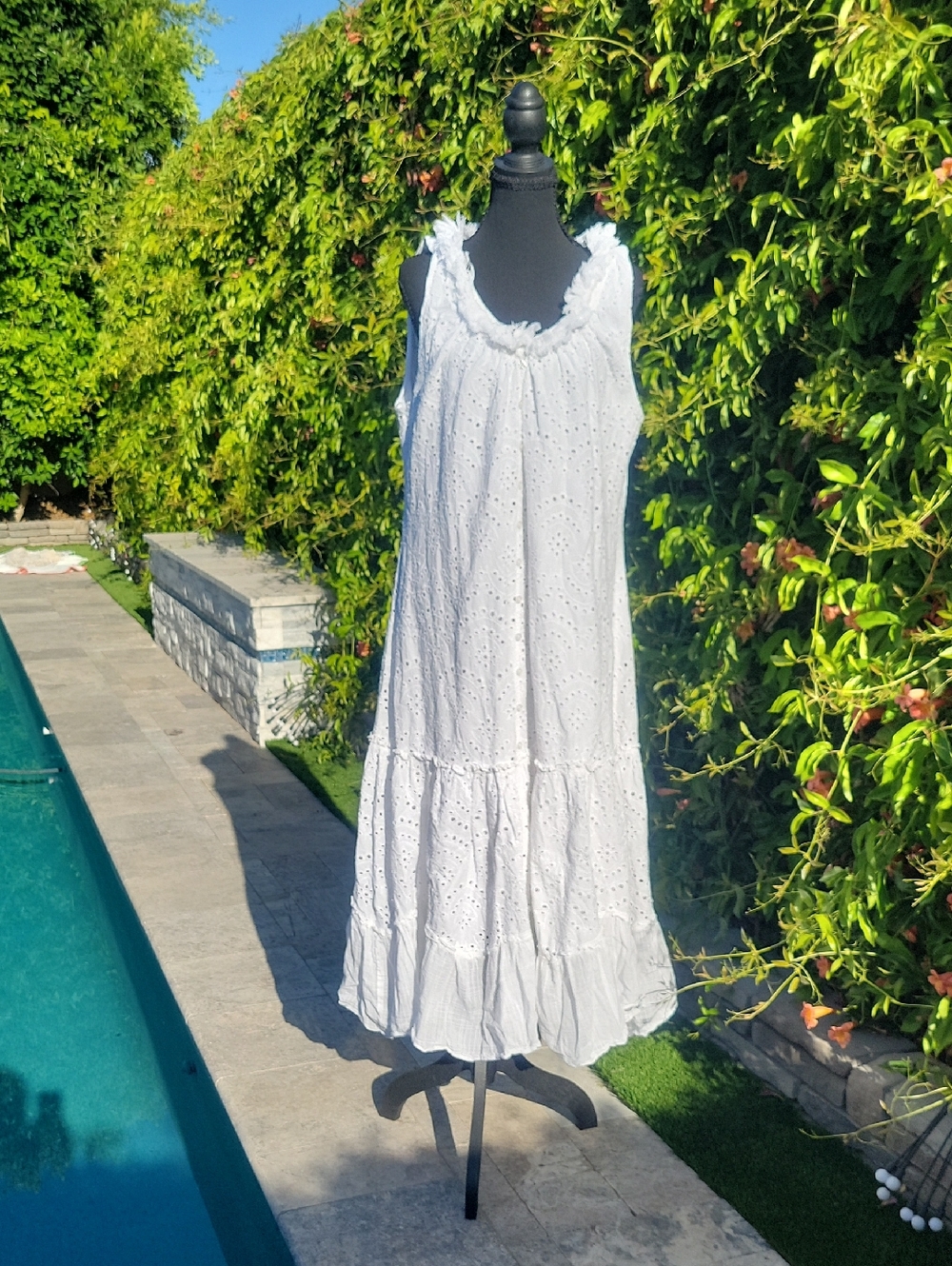 White Eyelet Tiered Ruffle Western Maxi Dress With Tassel Collar Boho Beach XL